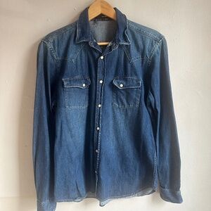 The Kooples- blue denim pearl-snap men's button up shirt-